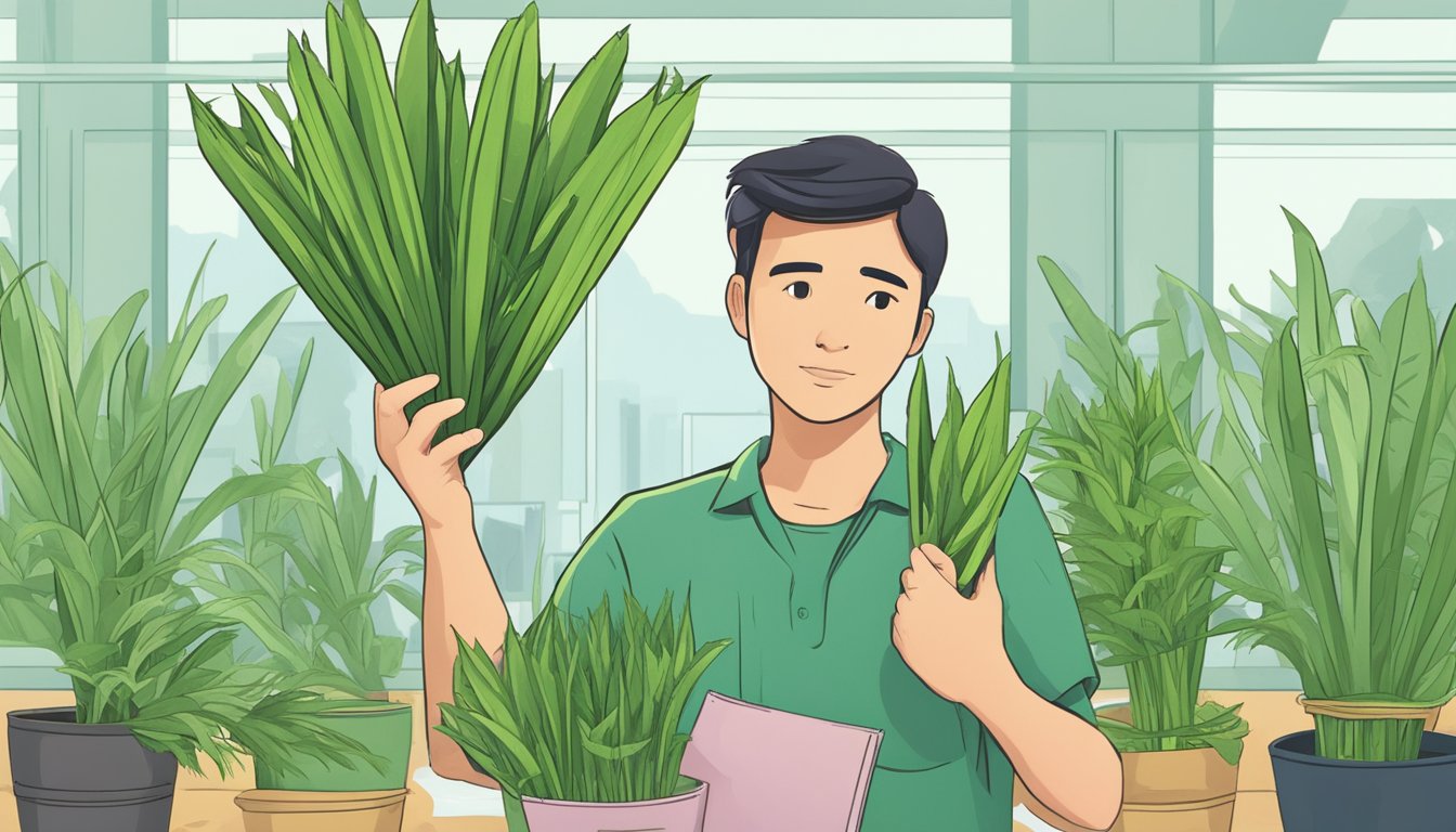 A person holding pandan leaves, with a question mark above their head. A caution sign and a list of potential risks and side effects in the background