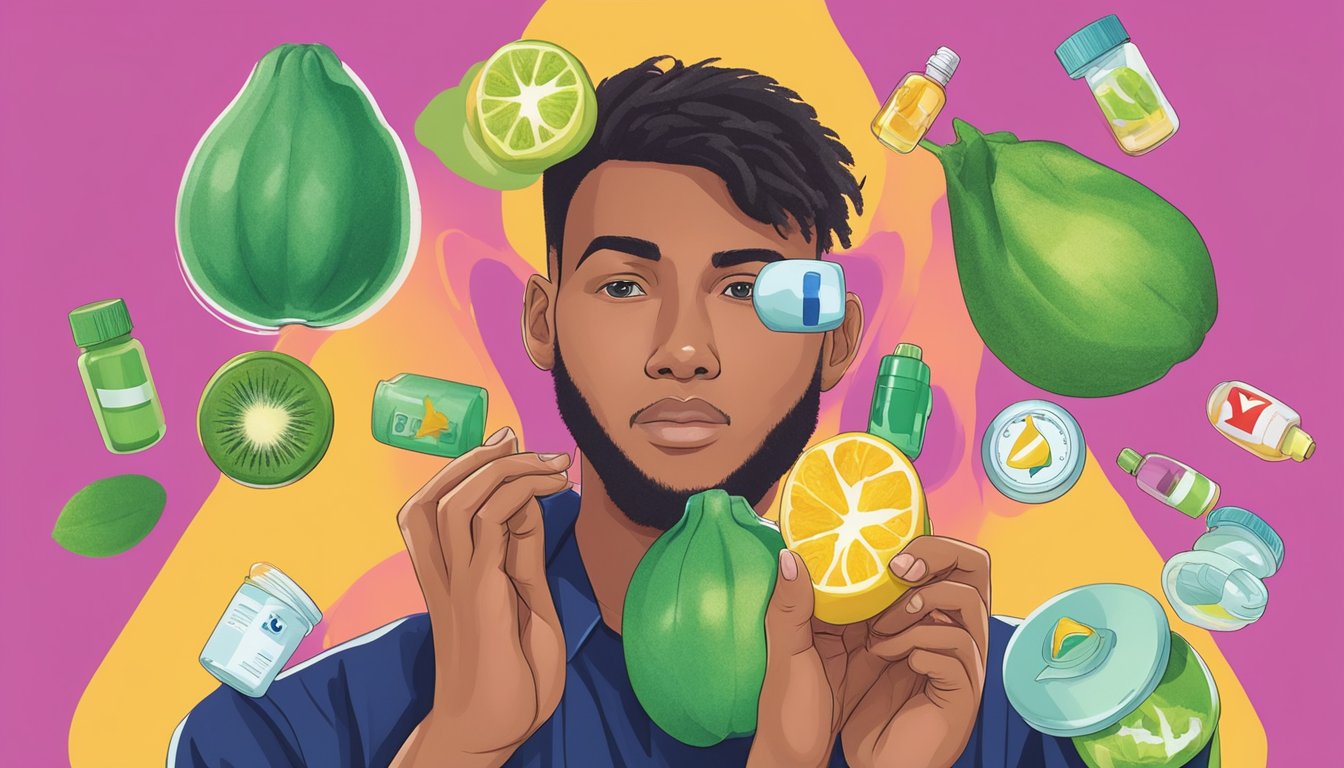 A person holding an unripe starfruit with a question mark above their head, surrounded by images of various medications and a safety warning symbol