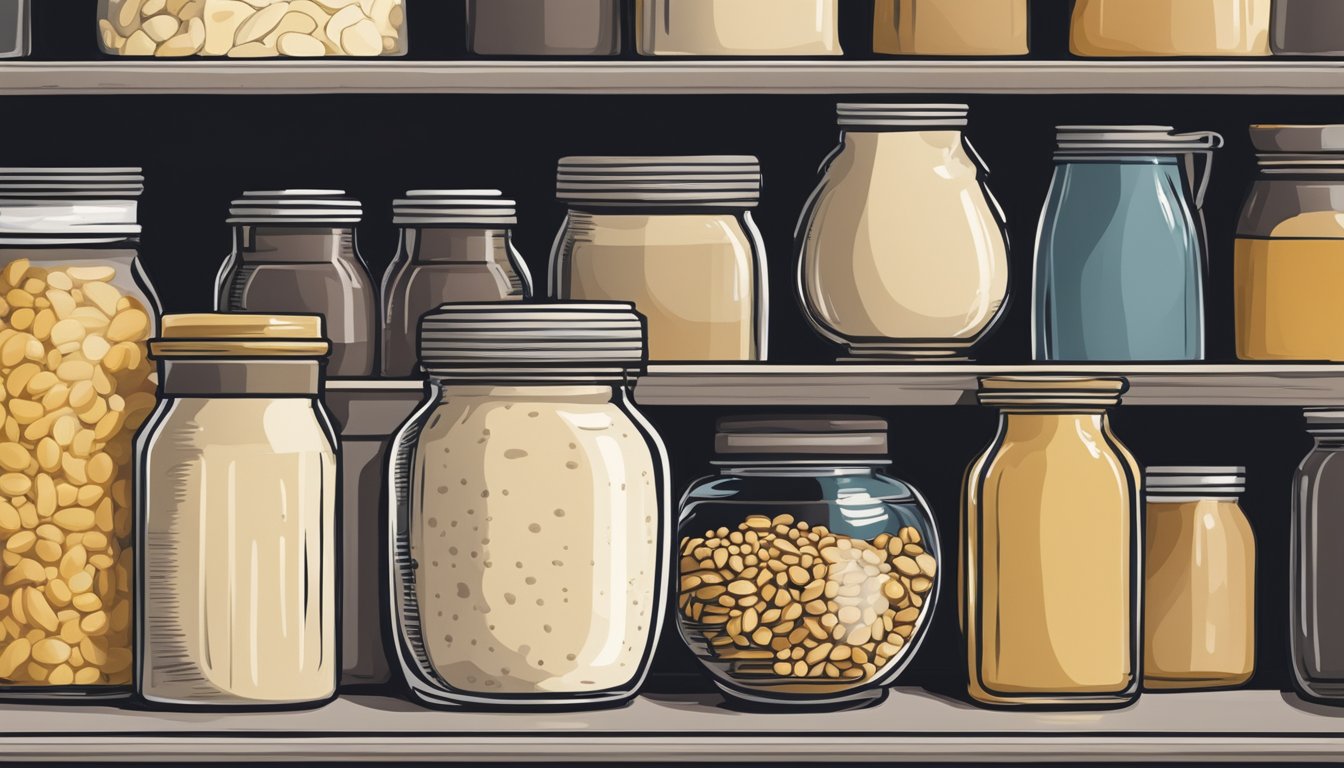 A jar of tahini stored in a cool, dark pantry next to other dry goods