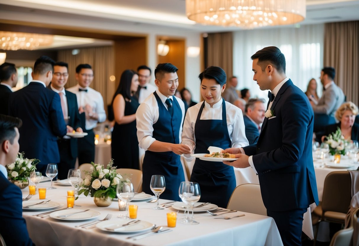 Guests gather at a restaurant, tables set with elegant place settings. A waiter serves a meal as the host discusses payment with the event coordinator
