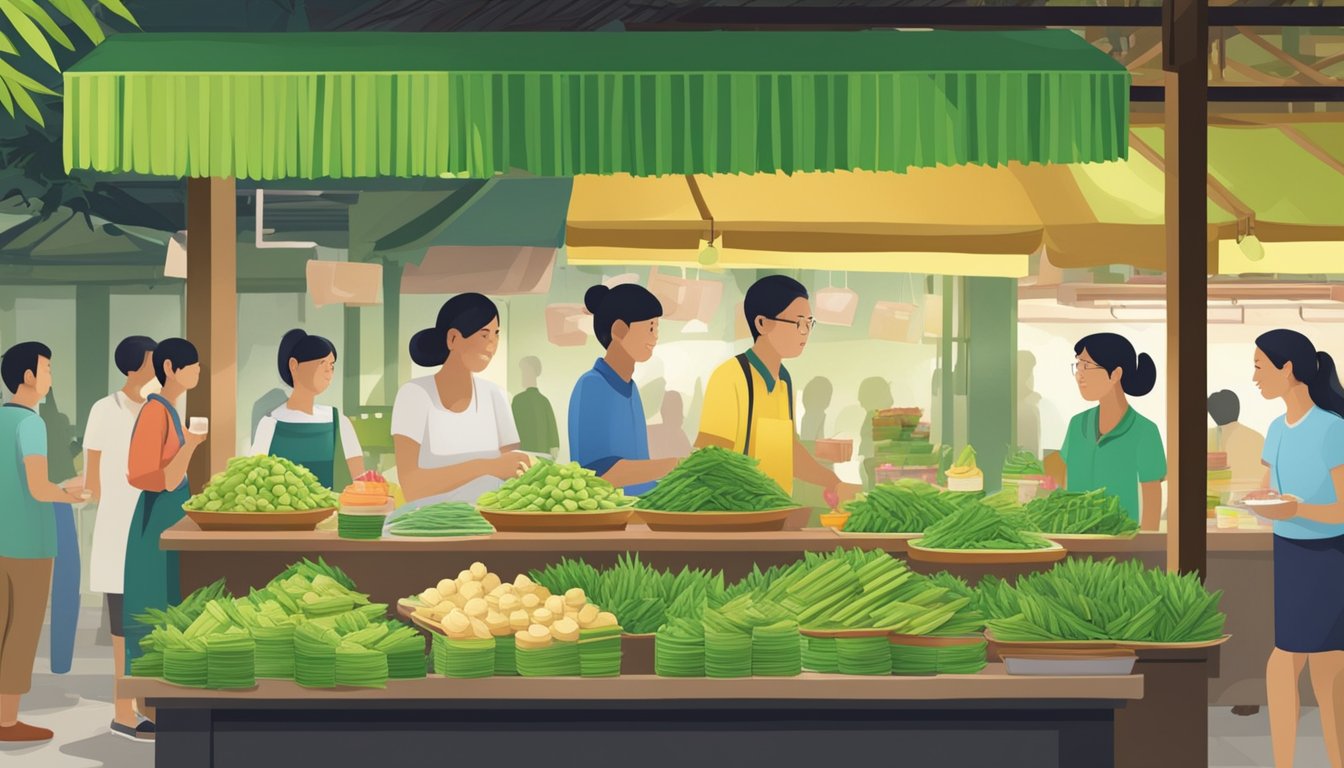 A bustling market stall displays pandan leaves, desserts, and drinks. Customers inquire about the safety of consuming pandan products