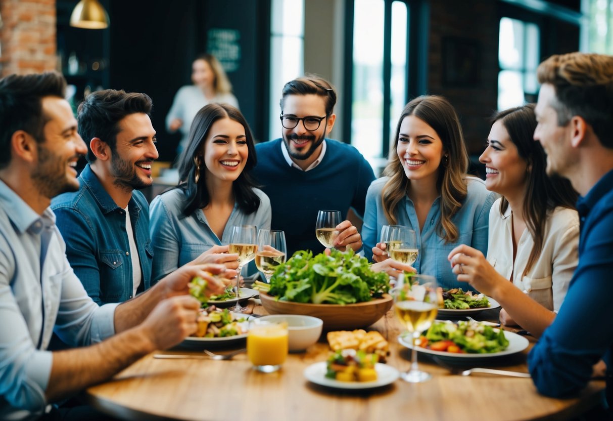 A group of people gathered around a table, enjoying a meal together. The atmosphere is relaxed and convivial, with lively conversation and laughter filling the air