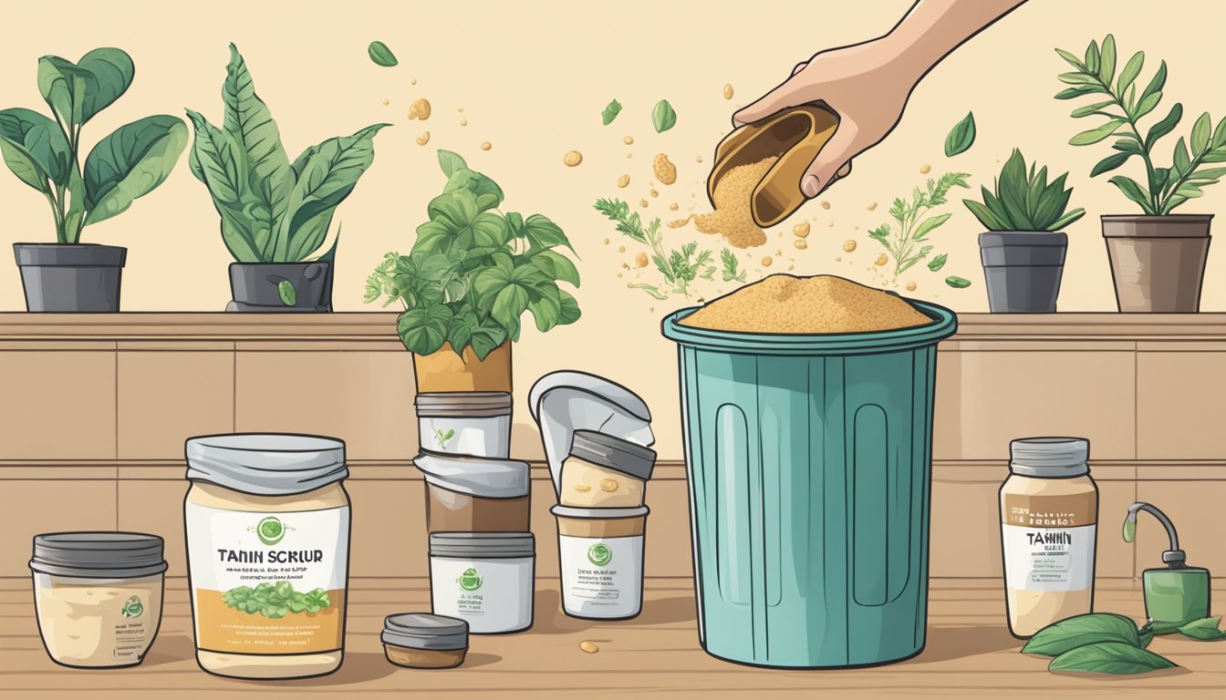 A jar of expired tahini being thrown into a trash can, surrounded by various alternative uses such as as a plant fertilizer or a base for a DIY skin scrub