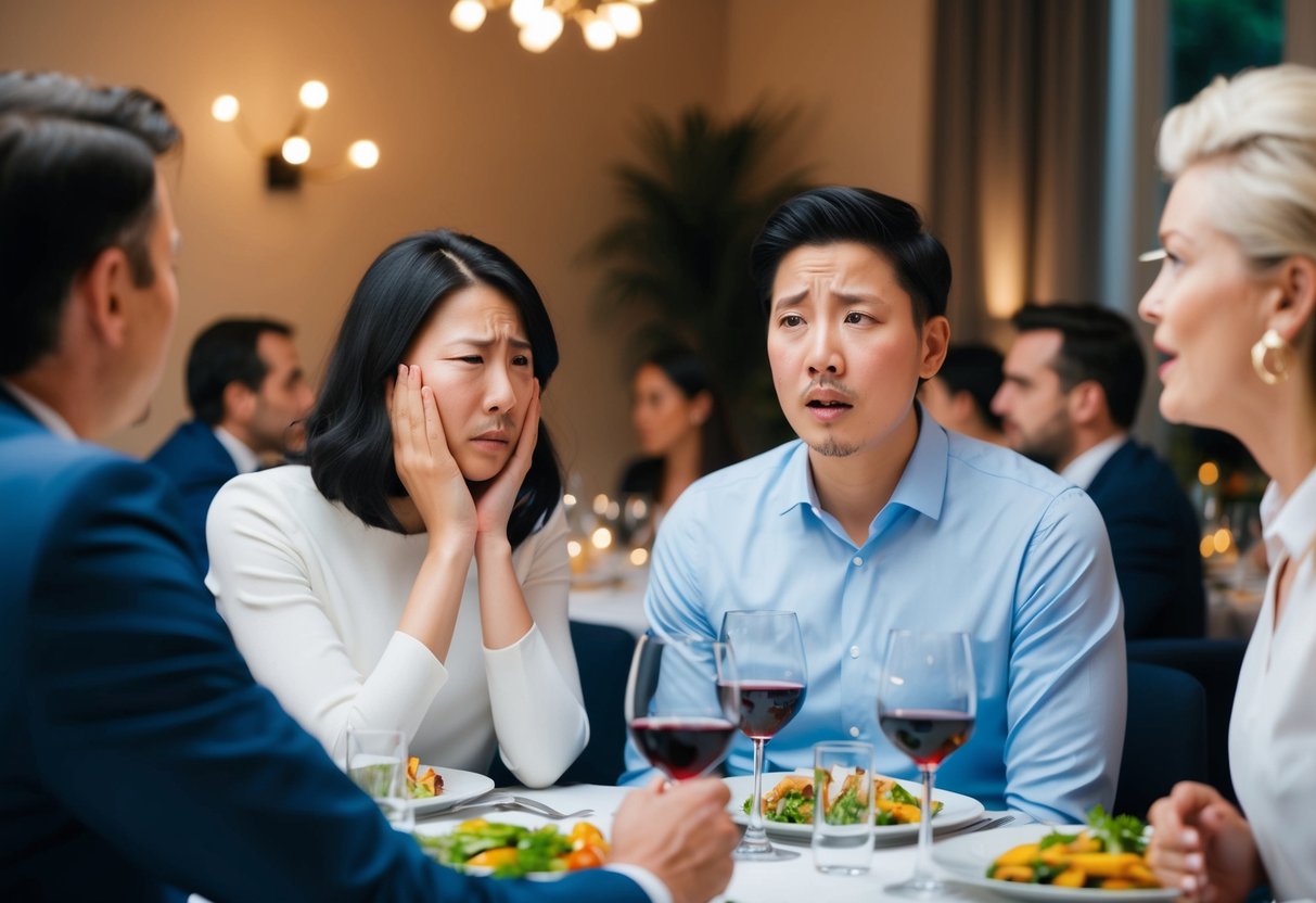 A couple at a dinner table with guests, one person appearing uncomfortable while another looks surprised