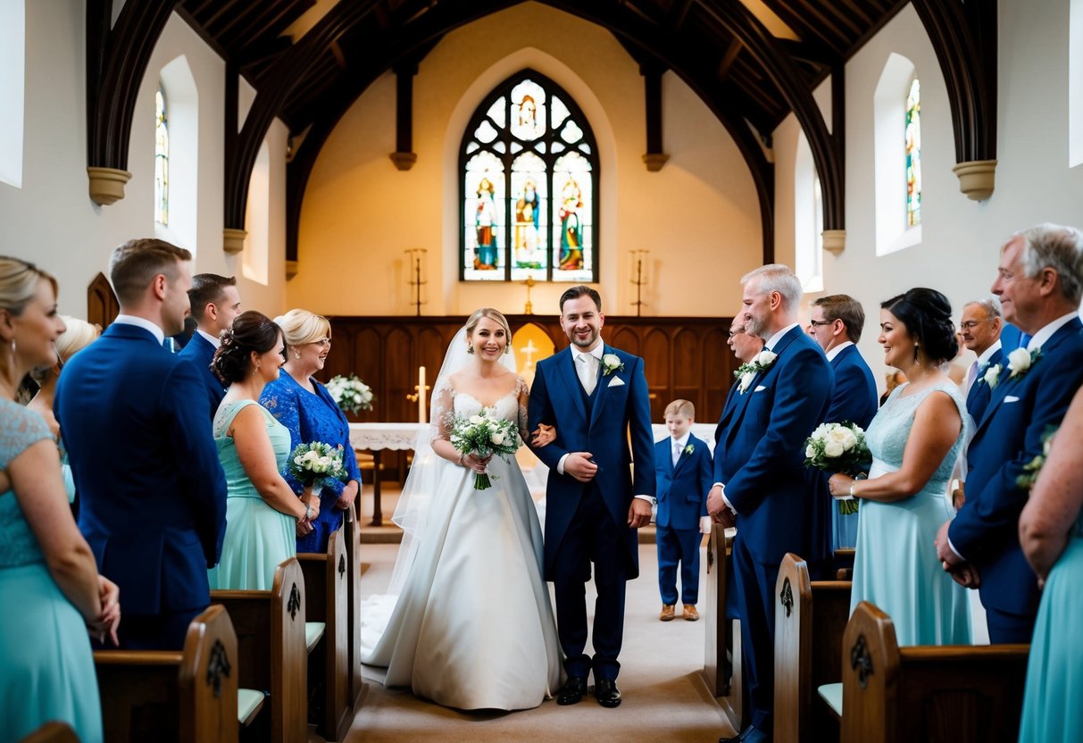 A bride and groom stand at the altar in a quaint English church, surrounded by their wedding party and a few close family members, practicing their vows and the procession