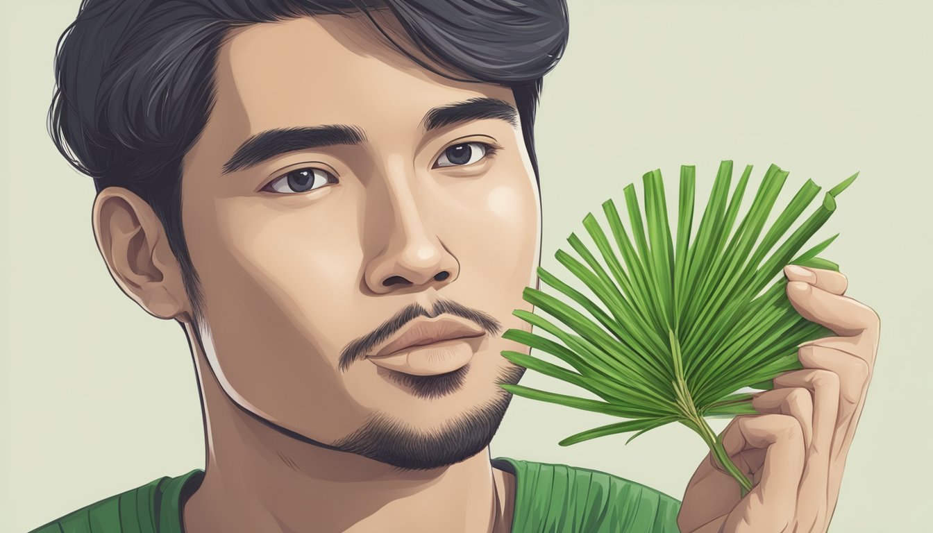 A person holding a pandan leaf, examining it for freshness and quality, with a thoughtful expression on their face