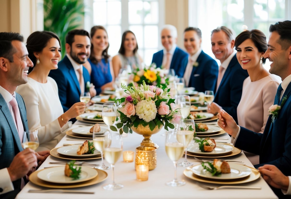 A beautifully set table with elegant place settings and a centerpiece of fresh flowers, surrounded by happy guests enjoying a delicious meal