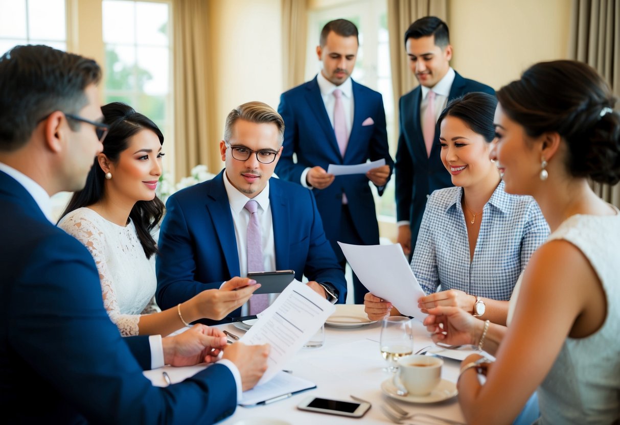 A group of people discussing and making plans for the rehearsal dinner, with a focus on coordinating payment details