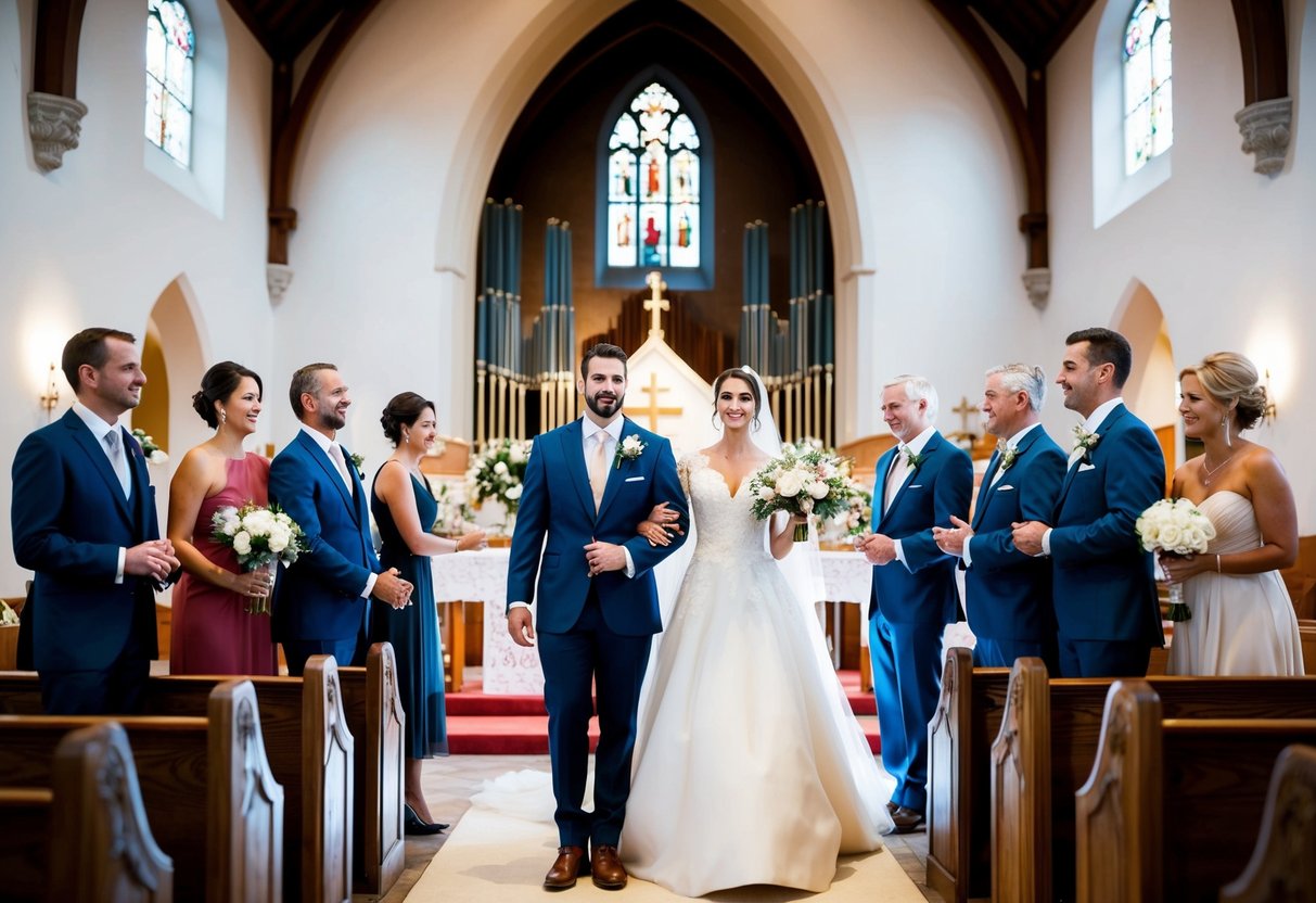 A bride and groom stand at the front of a church, surrounded by family and wedding party members, as they practice their vows and movements for the upcoming ceremony