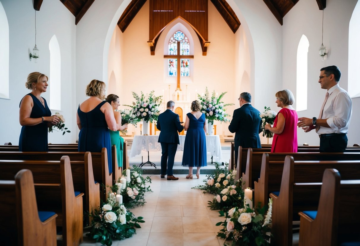 A group of people stand in a church, arranging flowers and seating for a wedding rehearsal