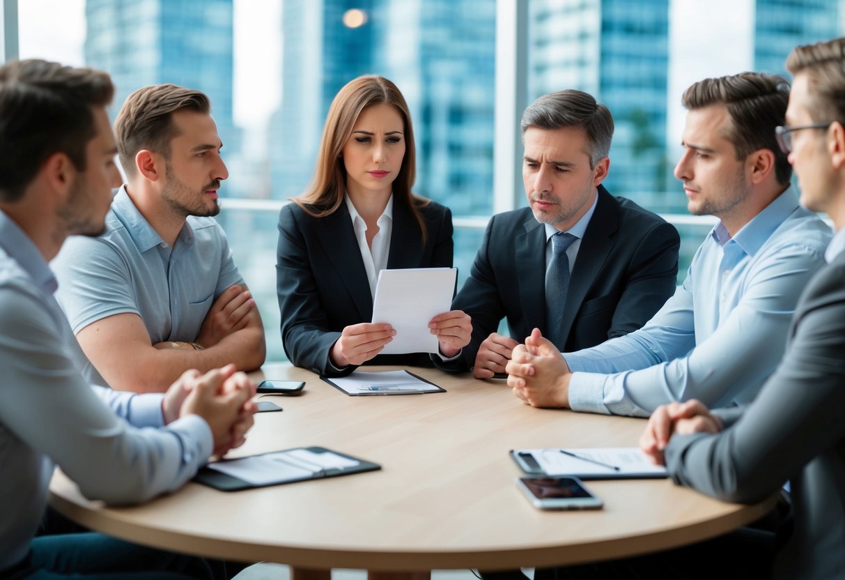 A group of people gathered around a table, with one person holding a bill and others looking uncomfortable
