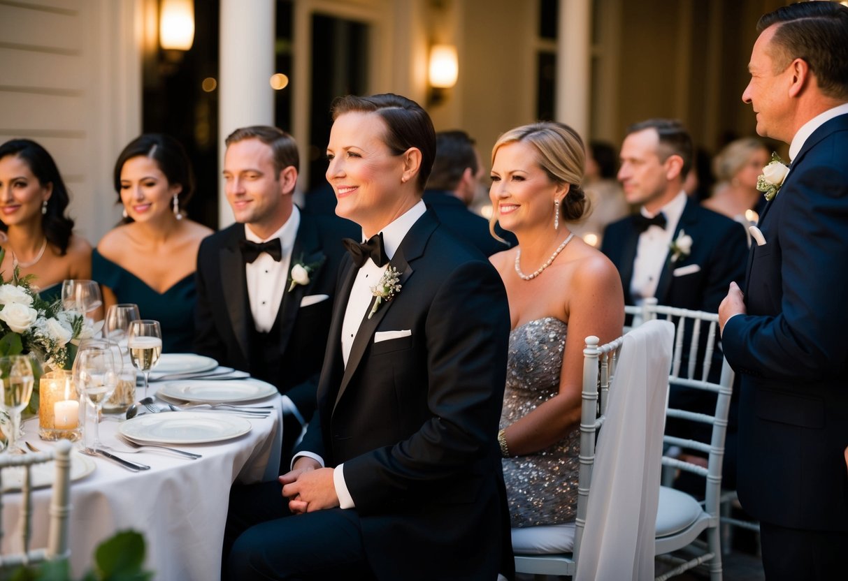 Guests arrive at a formal rehearsal dinner, dressed in elegant attire. Some guests discreetly offer to contribute to the cost of the event, while others simply enjoy the evening