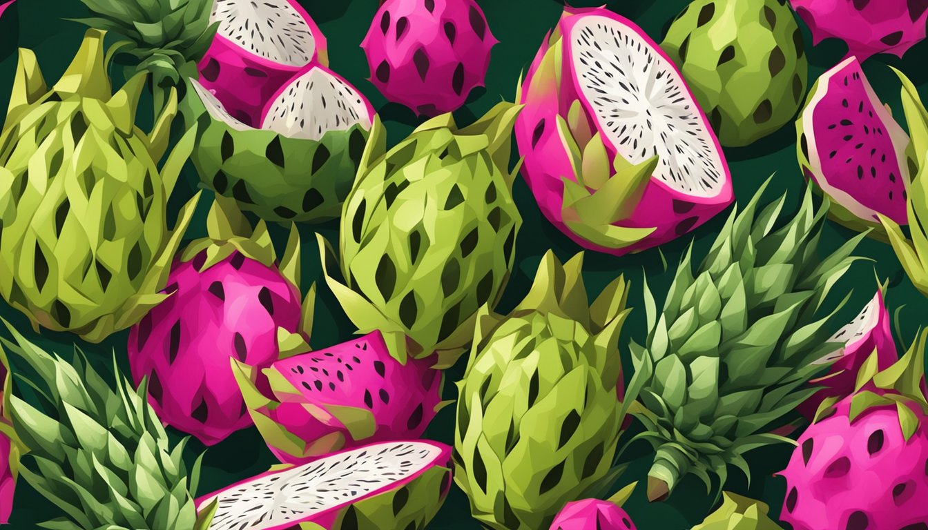 A dragon fruit with a green, unripe exterior, surrounded by other ripe fruits and a knife