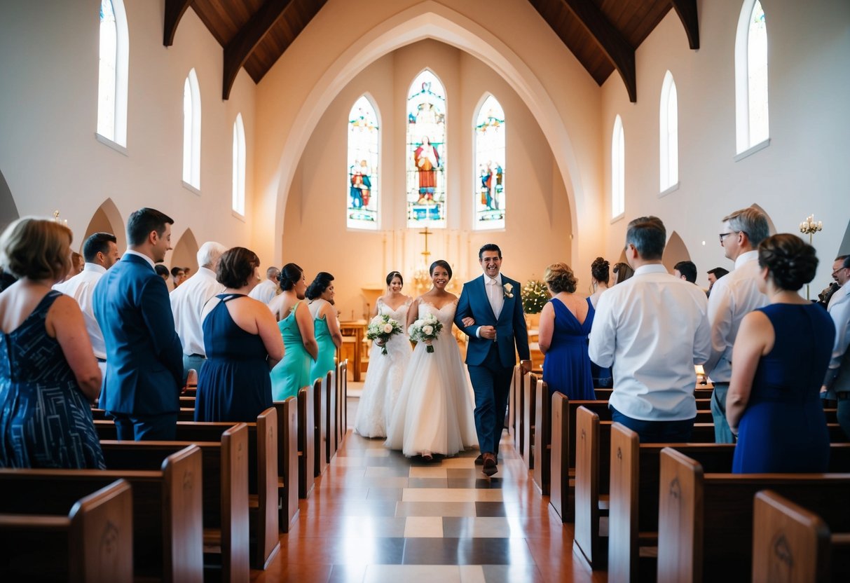 A group of people gather in a church, practicing walking down the aisle and going through the motions of a wedding ceremony