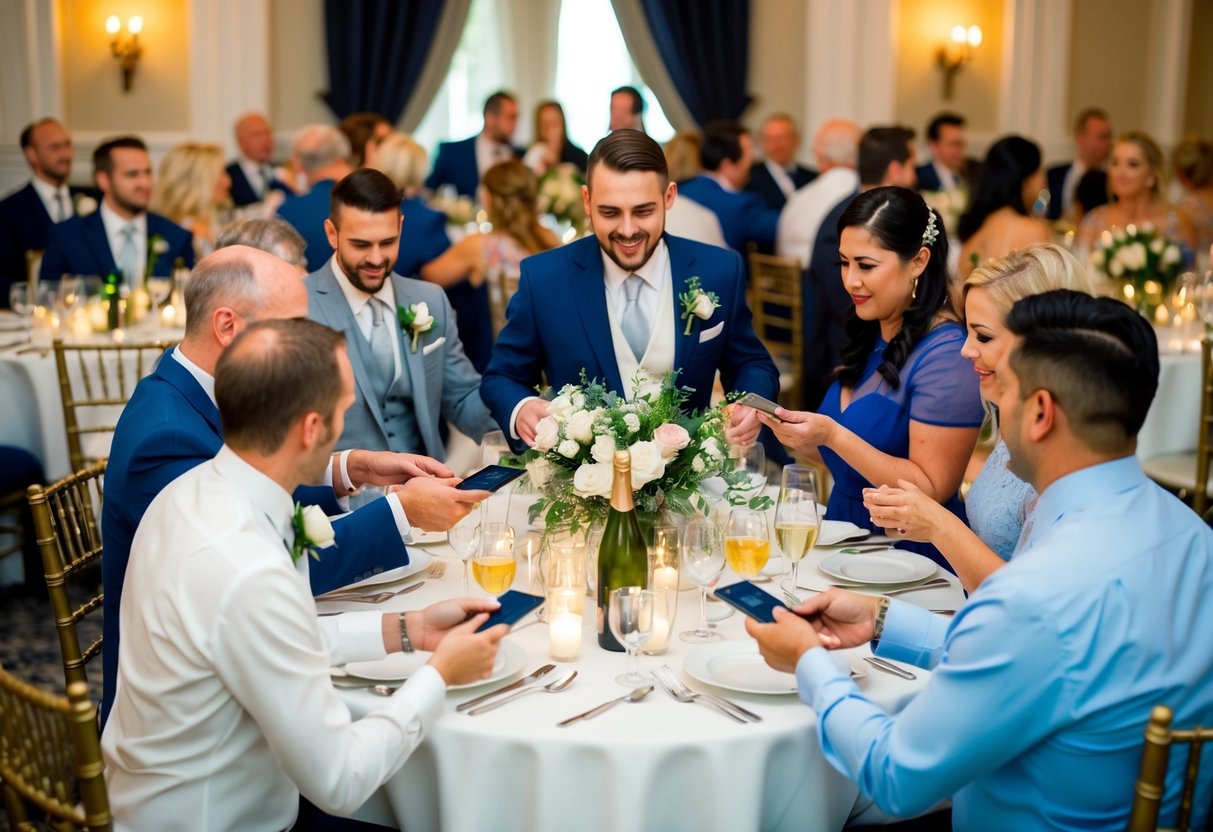 A festive wedding party gathers around a dinner table, with guests looking uncomfortable as they reach for their wallets to pay for the rehearsal dinner