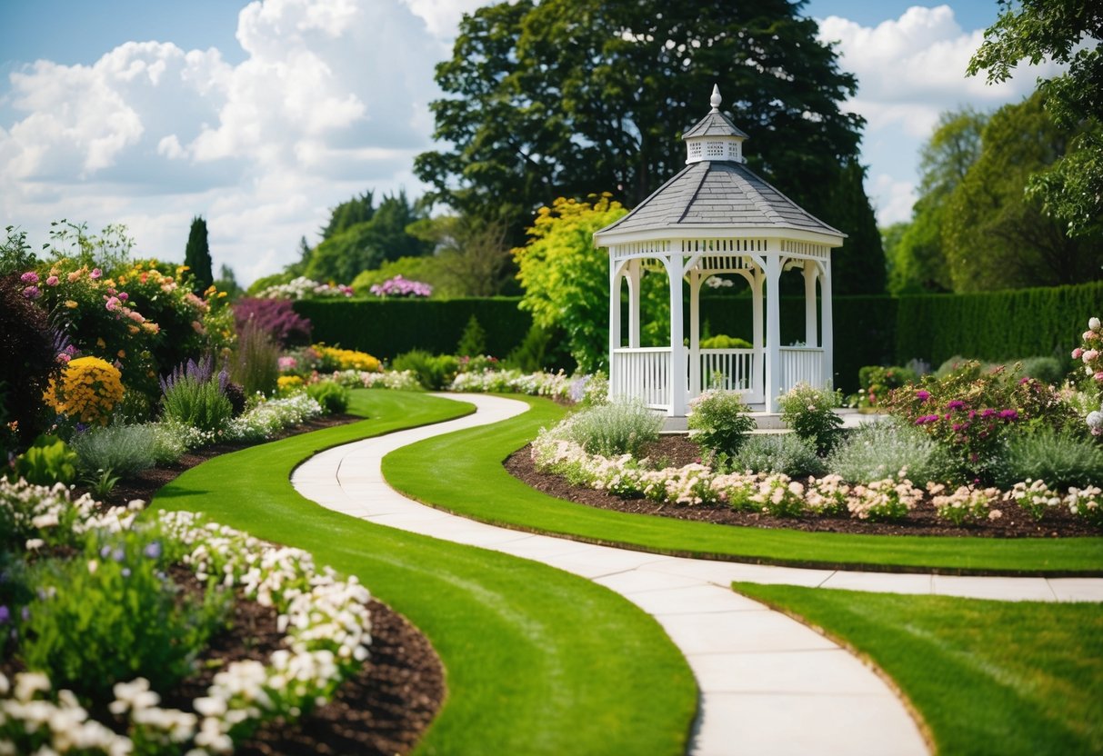 A picturesque garden with a winding path, blooming flowers, and a charming gazebo set up for a wedding rehearsal