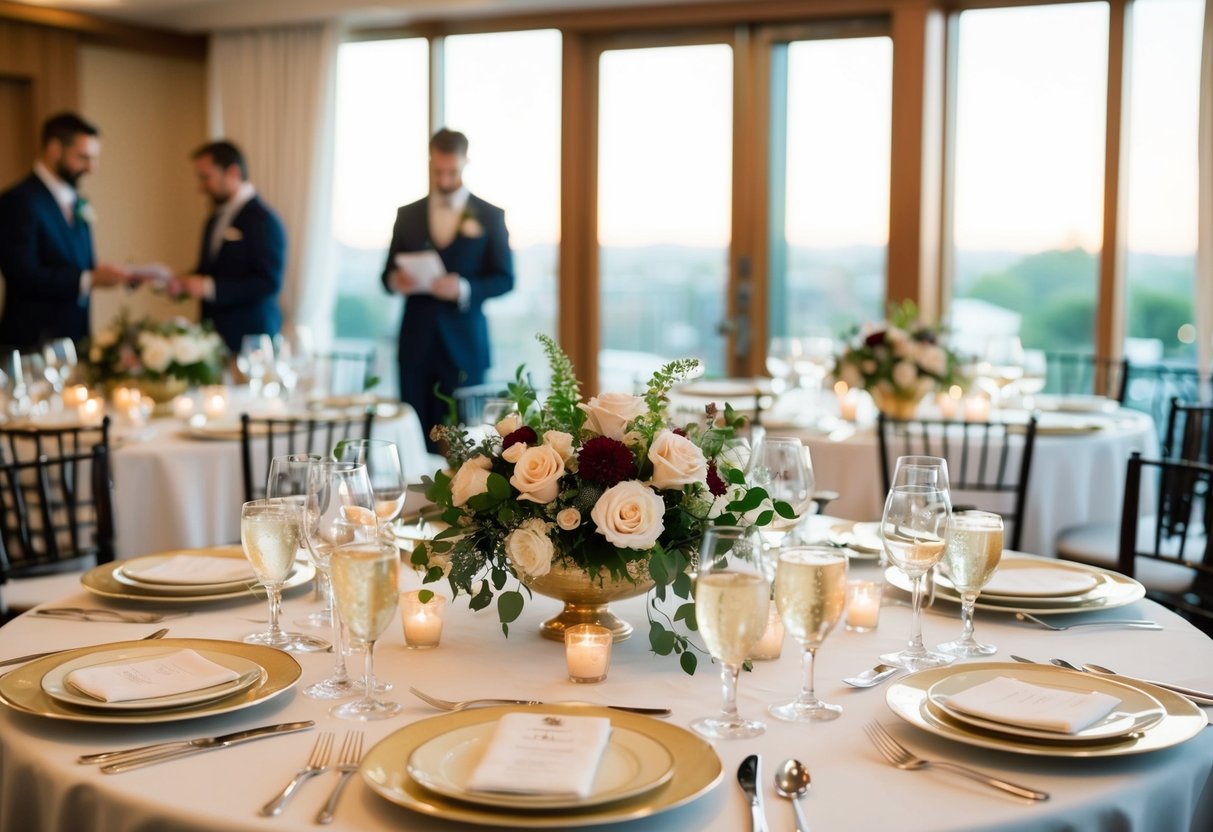 A beautifully set table with elegant dinnerware and floral centerpieces, a warm and inviting atmosphere as hosts prepare for the upcoming wedding day