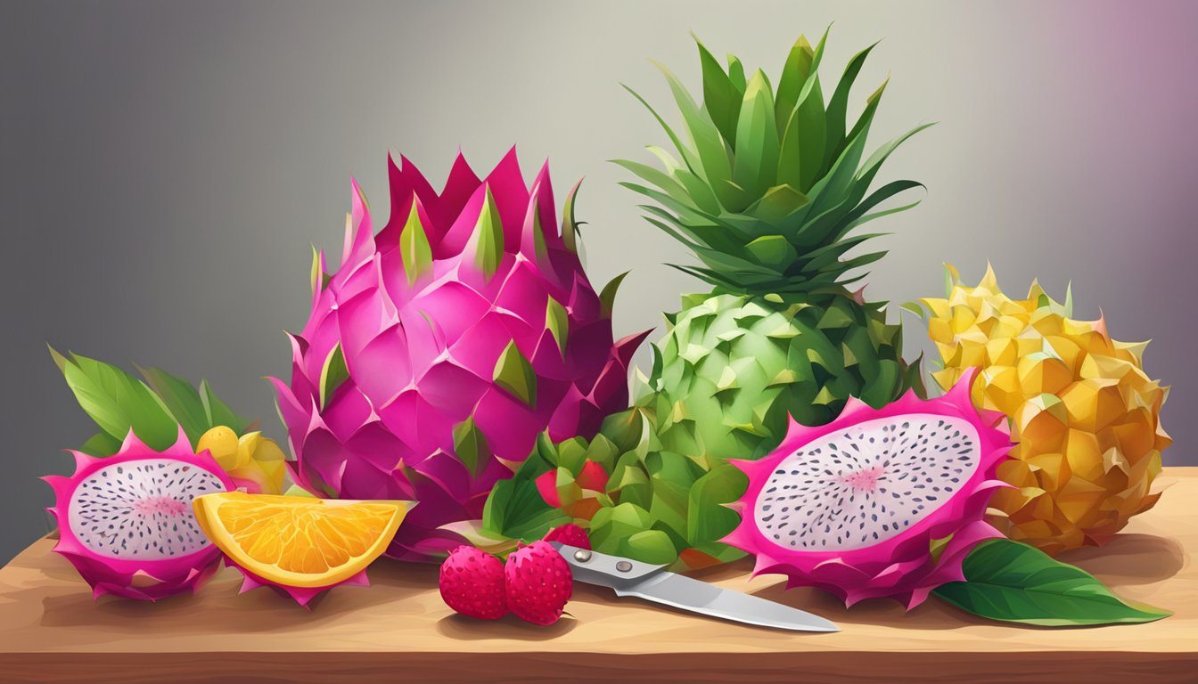 A vibrant dragonfruit on a wooden cutting board, surrounded by a knife and other fresh fruits