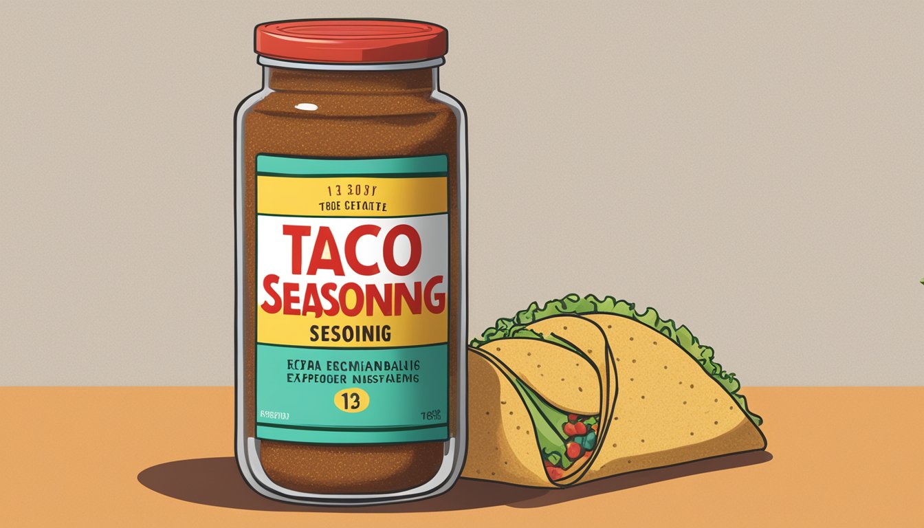 A jar of expired taco seasoning next to a fresh taco seasoning packet, with a question mark hovering above the expired jar