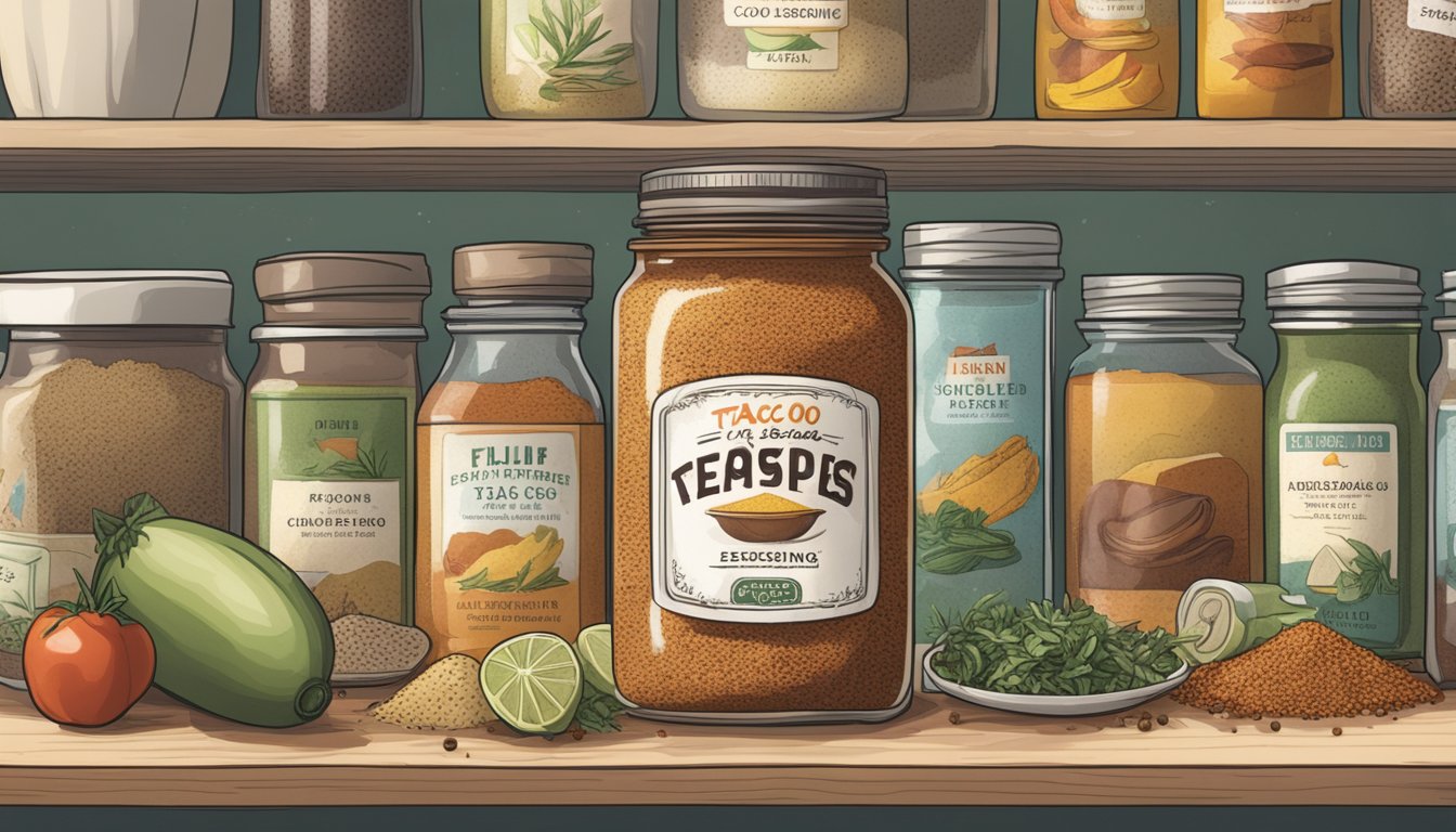 A jar of expired taco seasoning sits on a cluttered kitchen shelf, surrounded by other spices and condiments. The label is faded and the contents appear dull and clumped together