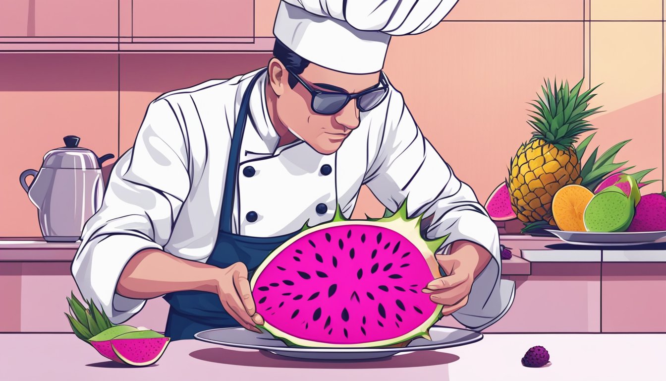 A chef slices open a dragon fruit, inspecting the flesh for ripeness before using it in a colorful fruit salad