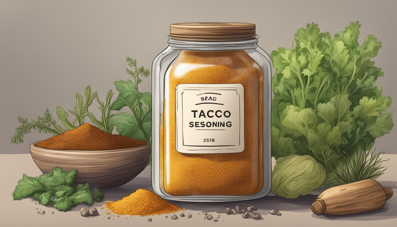 A jar of taco seasoning with a faded expiration date, surrounded by wilted herbs and moldy vegetables