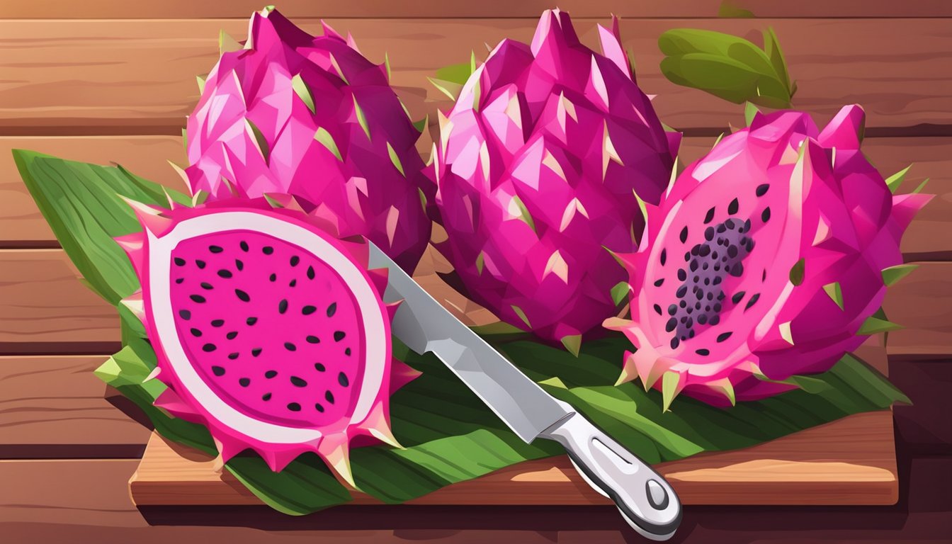 A ripe dragonfruit surrounded by unripe ones on a wooden cutting board. A knife slices through the ripe fruit, revealing its pink flesh