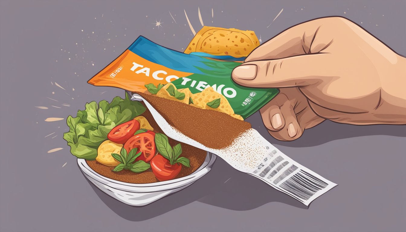 A hand holding a taco seasoning packet with a prominent expiration date. Nearby, a pile of fresh ingredients for making tacos