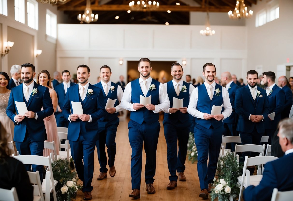 A group of ushers stand in a line, holding programs and ushering guests into a wedding rehearsal venue