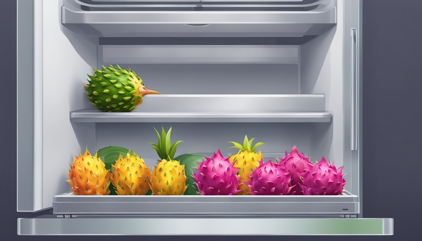 A ripe dragonfruit is carefully placed in a refrigerator next to other fruits. The unripe dragonfruit is stored separately at room temperature