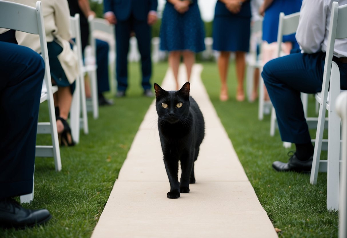 A black cat crosses the path of the wedding rehearsal, causing a hushed silence and nervous glances among the participants