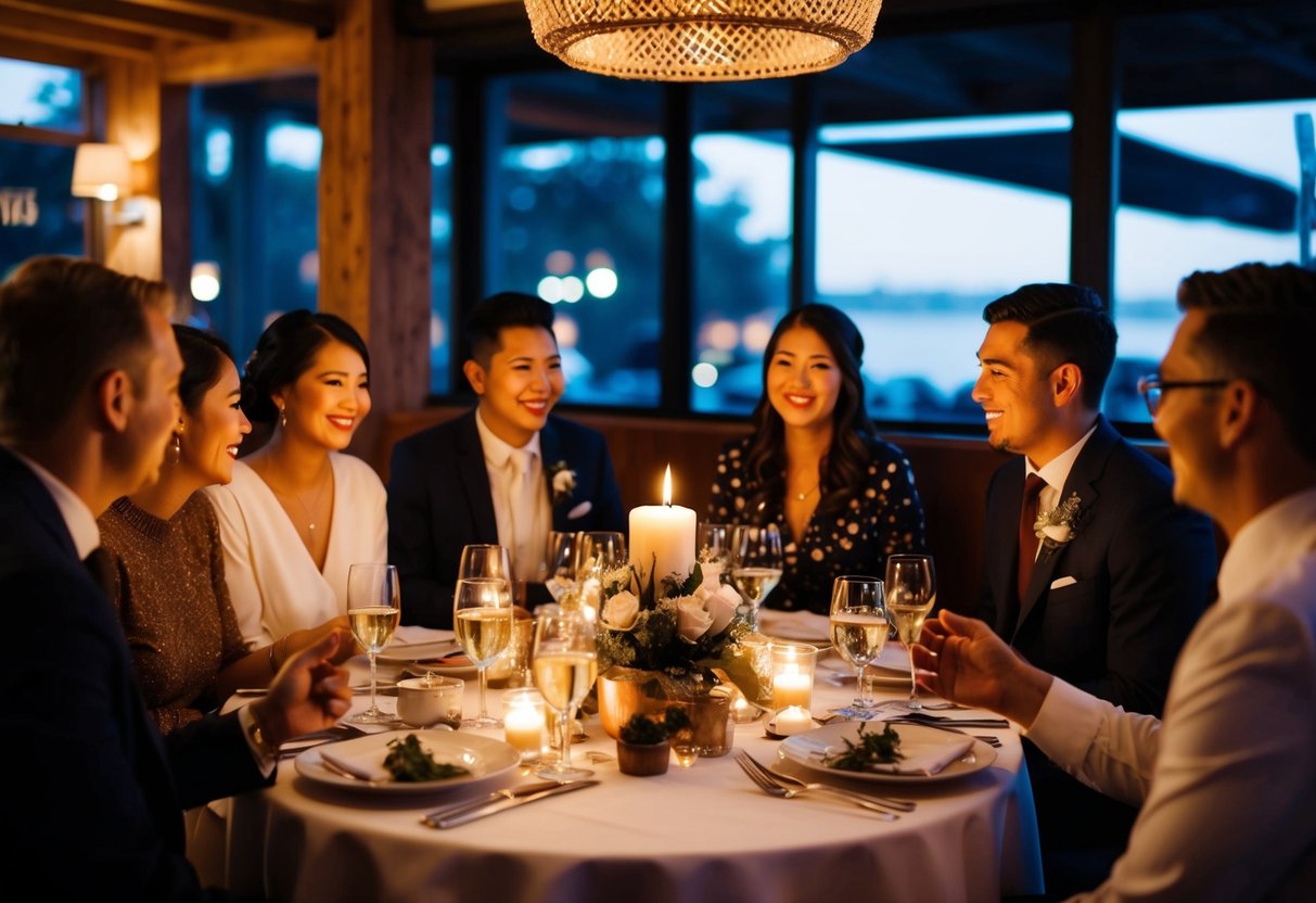 A group of people gather in a cozy, candlelit restaurant for a pre-wedding dinner, chatting and laughing together