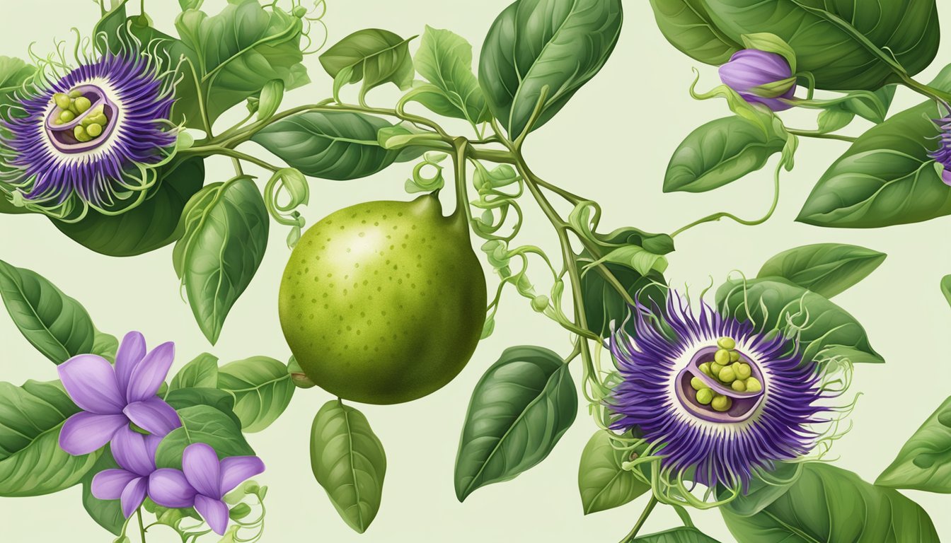 A vibrant passion fruit vine with unripe green fruit hanging from the tendrils, surrounded by lush green leaves and delicate purple flowers