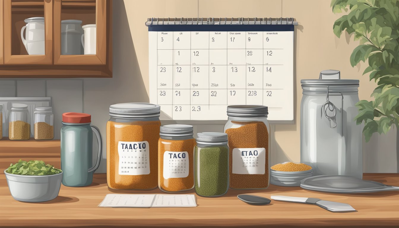 A kitchen pantry with a jar of expired taco seasoning next to a calendar showing the current date