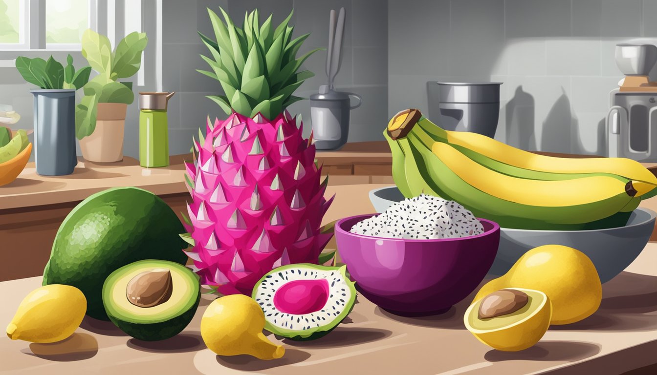 A ripe dragonfruit sits next to a bowl of complementary foods and ripening aids, such as bananas and avocados, on a kitchen counter