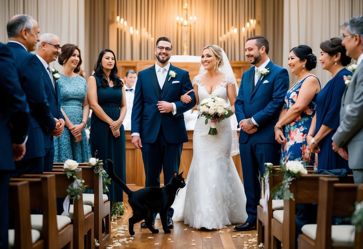 A bride and groom stand at the altar during a wedding rehearsal, surrounded by family and friends. A black cat crosses their path, causing a moment of superstition and nervous laughter
