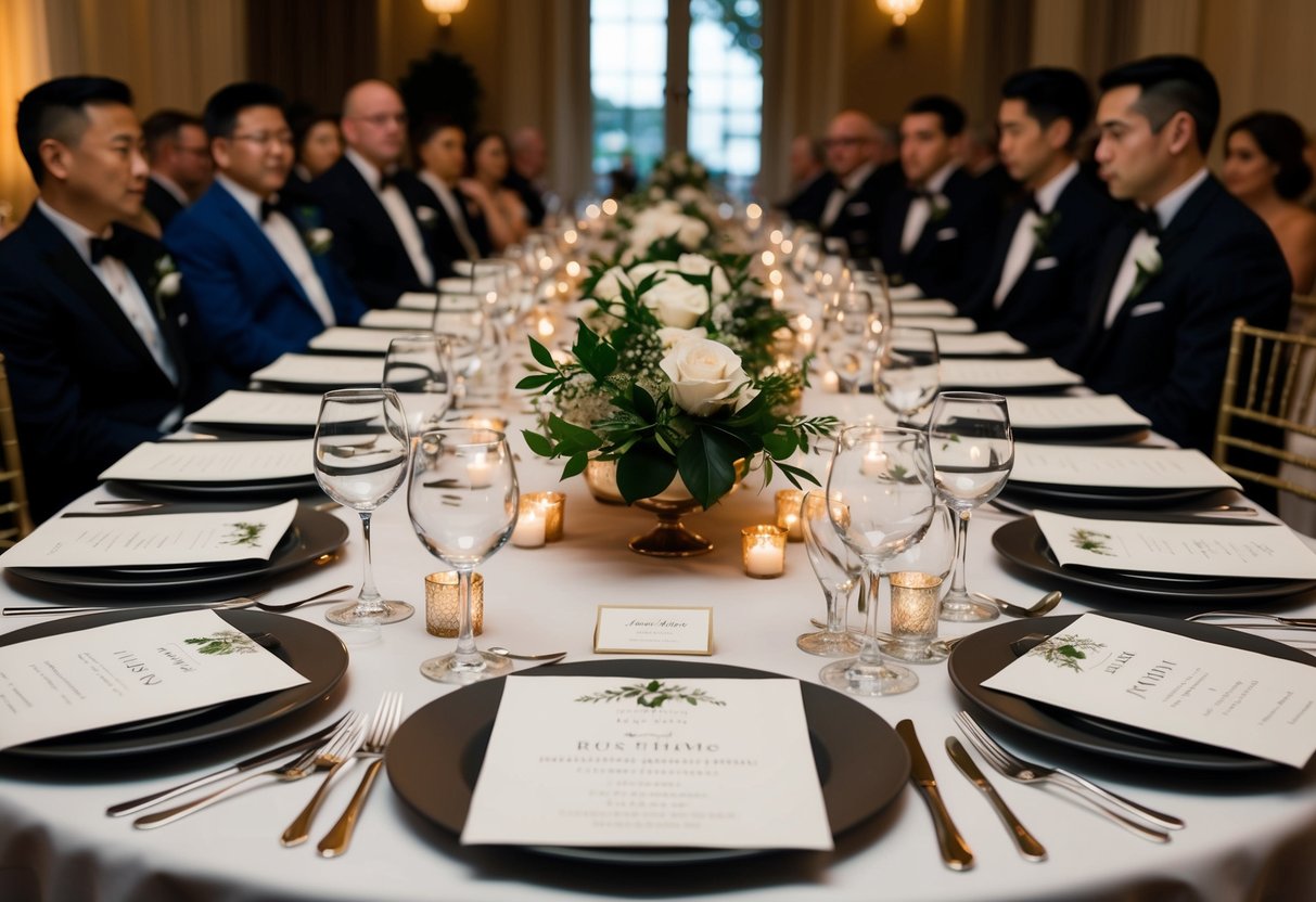 A table set for a formal dinner, with place settings and elegant invitations laid out. Ushers are included in the guest list