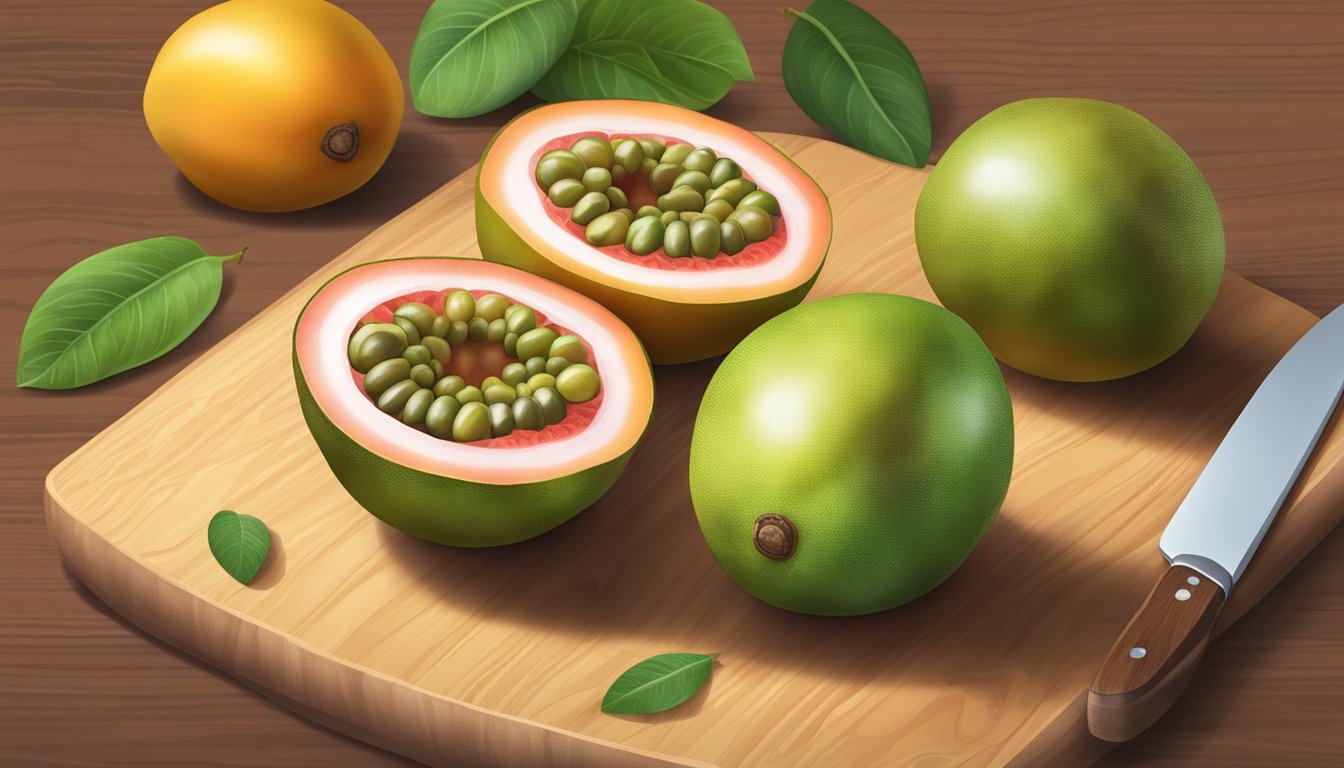 A ripe passion fruit sits next to an unripe one on a wooden cutting board, surrounded by other fruits like mango, kiwi, and papaya