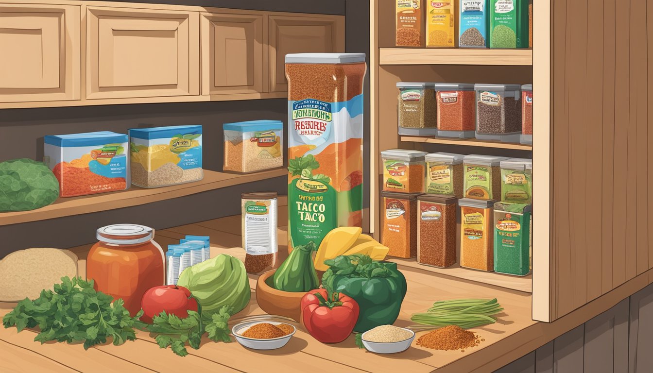 A kitchen cabinet filled with expired taco seasoning packets next to fresh ingredients