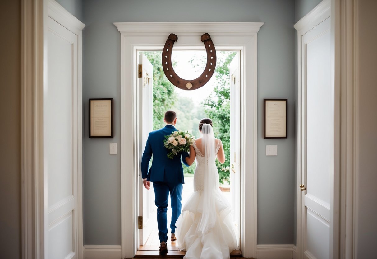 A horseshoe hung above a doorway, a bride tossing a bouquet, and a groom carrying the bride over the threshold
