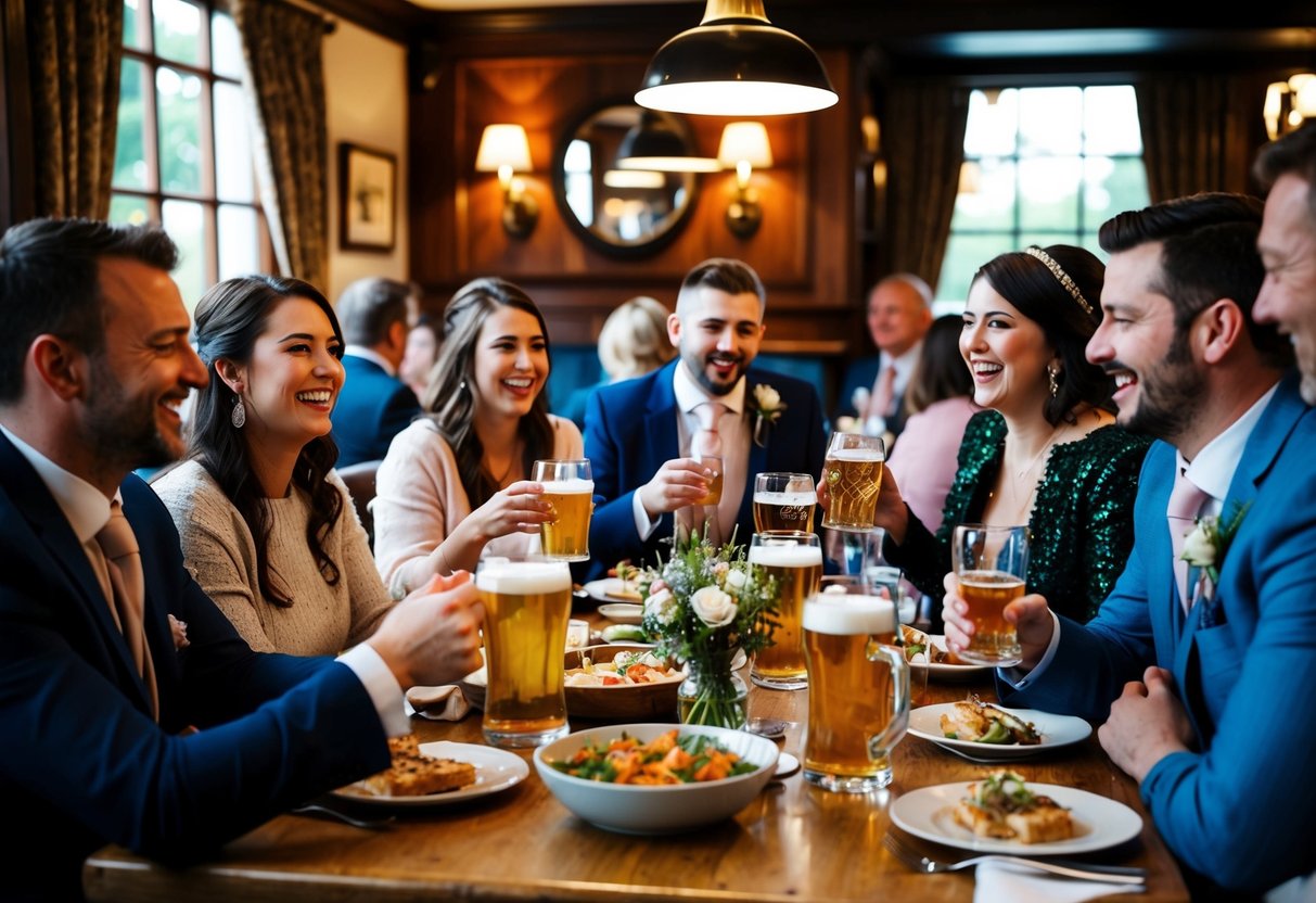 A group of people gather at a cozy pub in the UK, enjoying pre-wedding festivities with food, drinks, and laughter