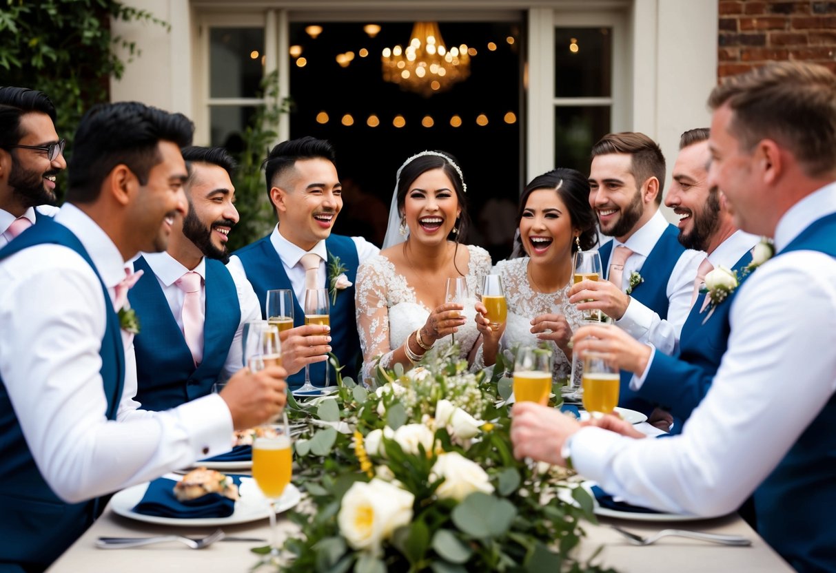 A group of ushers and wedding party members gather for a pre-wedding celebration, sharing laughter and toasts in a festive atmosphere