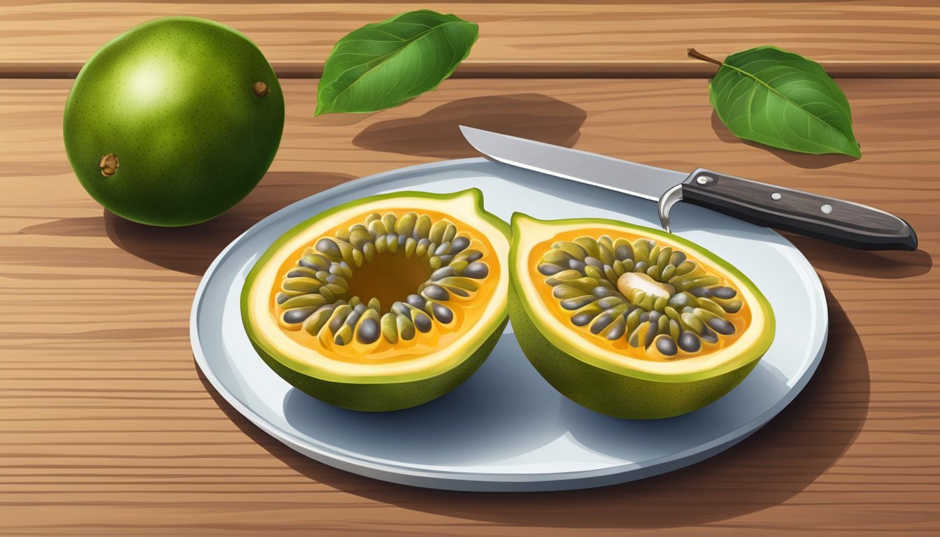 A ripe passion fruit sits next to an unripe one on a wooden cutting board, surrounded by a knife and a plate