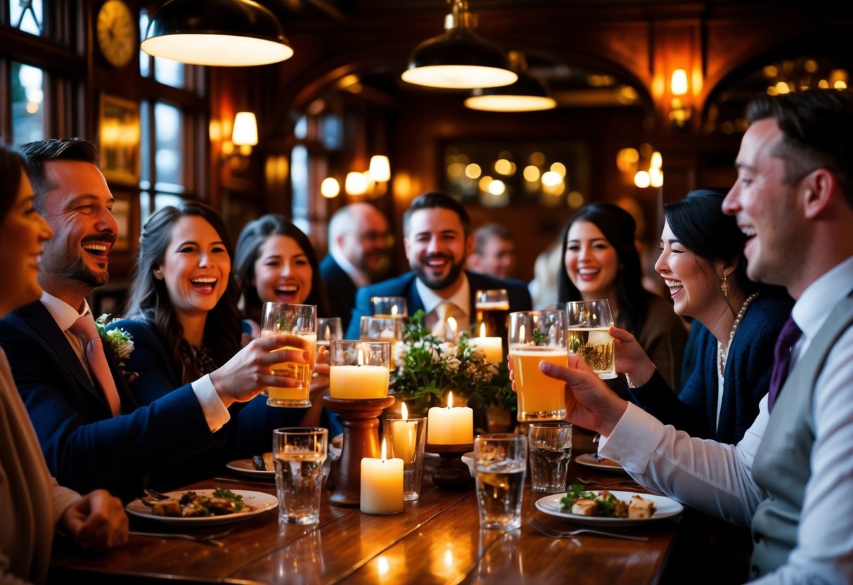 A cozy, candlelit pub in the UK filled with laughter and clinking glasses as friends and family gather for a pre-wedding rehearsal dinner