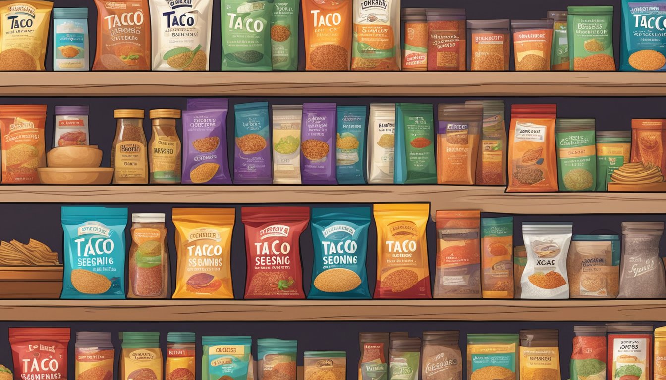 A shelf full of expired taco seasoning packets, some with faded labels, in a cluttered pantry