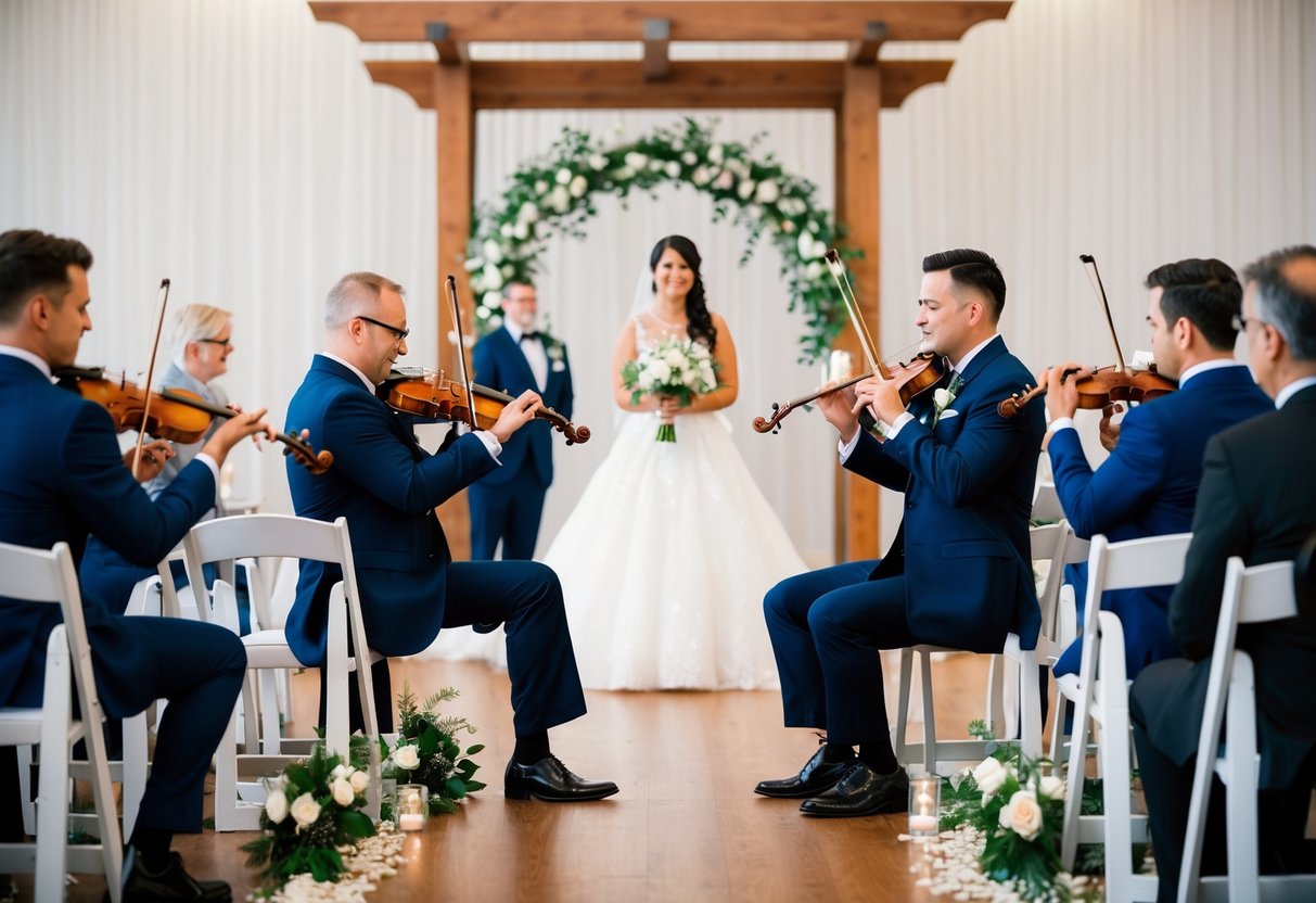 Musicians playing instruments in a wedding venue, with chairs set up for guests and a wedding arch in the background