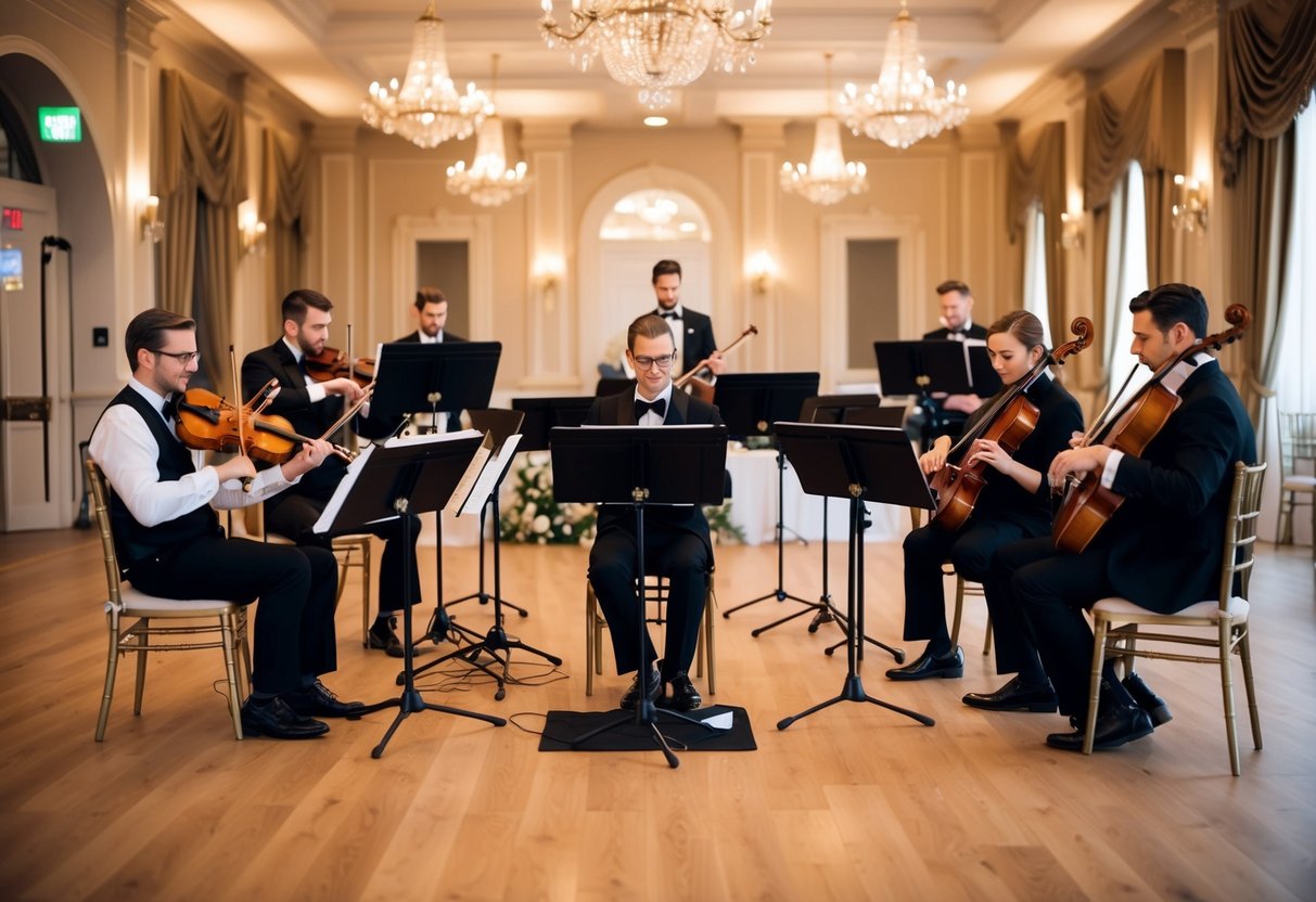 A group of musicians setting up their instruments and practicing in a wedding venue's elegant, decorated hall