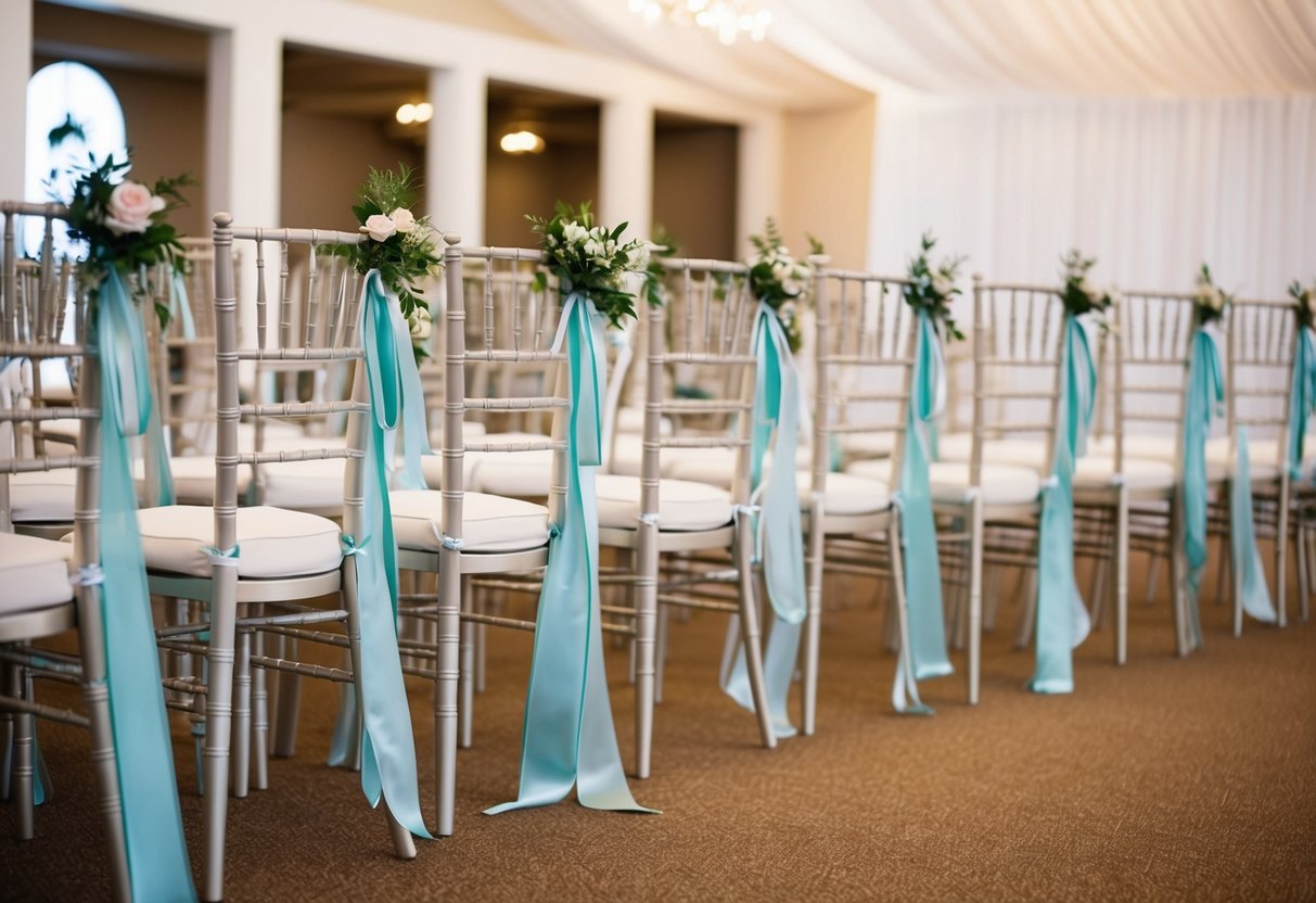 A line of elegant chairs arranged in rows, adorned with decorative ribbons and flowers, await the arrival of guests at a wedding ceremony
