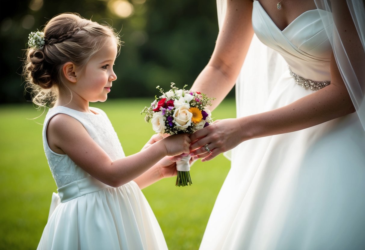 A bride hands a flower girl a small bouquet of flowers