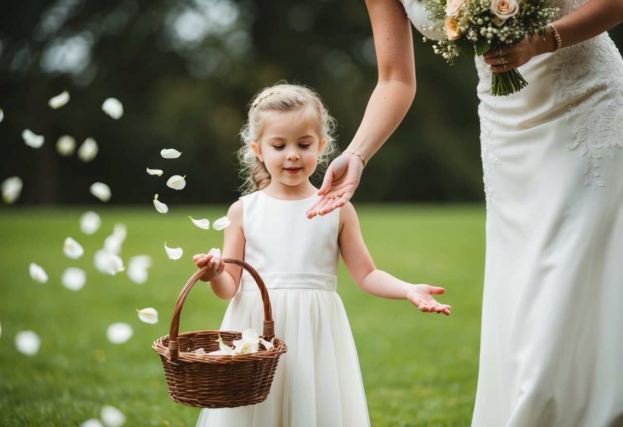 A flower girl receives a basket of petals from the bride
